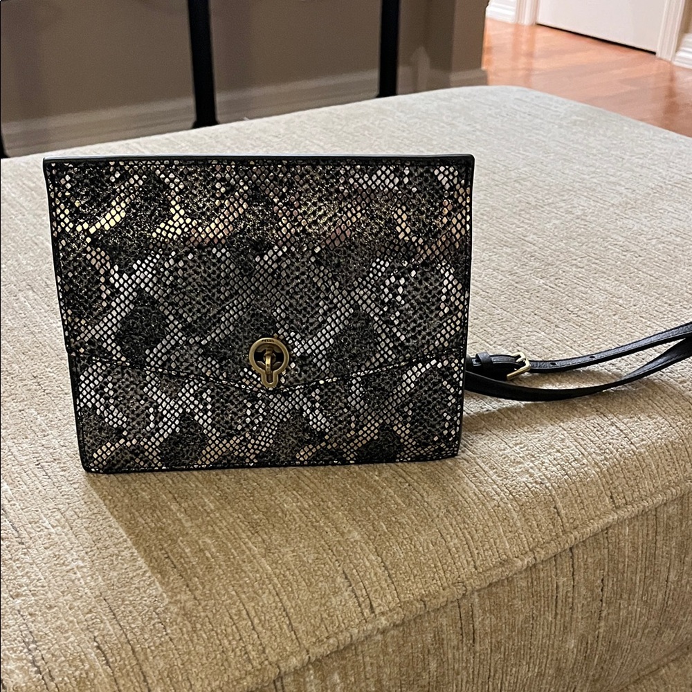 Elegant Fossil Black and Silver Snake Print Women's Bag